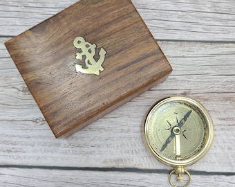 Antique Compass, Vintage Compass, Pocket Compass, Brass Compass, Compass in Box, Engraved Brass Compass