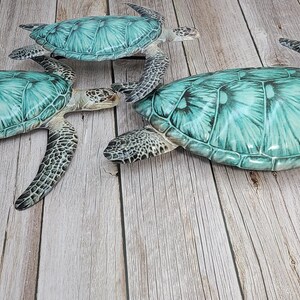 May include: Three decorative sea turtles with turquoise shells and detailed patterns are arranged on a light wood surface. The turtles vary in size, with the largest measuring approximately 20 inches in length. The turtles have mottled gray and black limbs and heads.