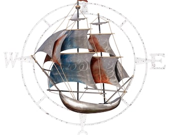 Metal Sailing Ship Compass Rose Wall Art – Maritime Sculpture Coastal Decor