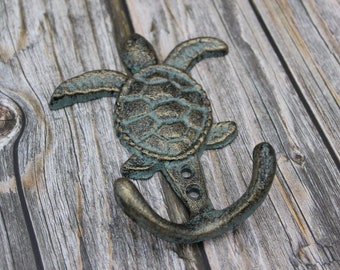 Cast Iron Sea Turtle Hook: Verdigris Coastal Decor
