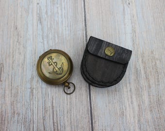 Antique Brass Sundial Compass with Leather Pouch