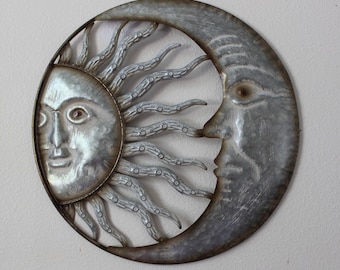 Handcrafted Sun and Moon Metal Wall Art: Celestial Sculpture (20" Wide)