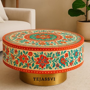 Wooden Round Hand Painted Coffee Table for Living Area/wooden Center table/Home Decor Handmade Wooden Cocktail Table Indian Handcrafted Art.