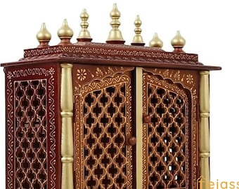 WOODEN TEMPLE POOJA Mandir with Door | Buy Wall Hanging Large Wooden Temple this Diwali | Wooden Prayer Room Alter Handmade Brown Pooja Ghar