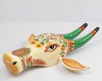 16 Inches Large Wooden Painted Cow Head | Bull | Nandi Head Mask Wall Decor. Wooden Wall Hanging Ethnic Indian Rajasthani Art.