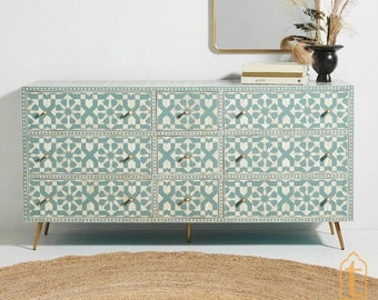 Bone Inlay Furniture Sideboard Unit / Bone Inlay Chest of 9 Drawer Dresser / Bone Moroccan Inlay 9 Drawers Chest of Drawers.