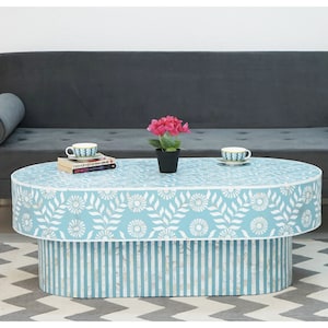 Handmade Bone Inlay Oval Shape Coffee Table/Wooden Oval Shape Coffee Table, Floral  Centre Table, Bone Inlay Furniture Cocktail Table.