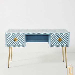 Bone inlay Work Desk | laptop table | console table, Bone Inlay Optical Design 2 Drawers Desk Sky Blue,  Optical Design Study wooden Table.