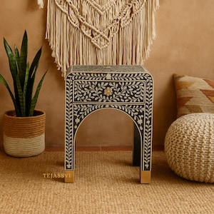 Bone Inlay Curved Bedside Floral Table, Buffet, Bone Inlay Bedside Wooden Modern Floral Bedside /Side table / 1 Drawer Bone Inlay Nightstand