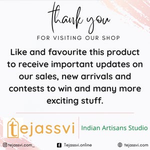Op de afbeelding: Witte achtergrond met de tekst "thank you" in een cursief lettertype. De tekst "FOR VISITING OUR SHOP" staat eronder. Extra tekst moedigt aan om het product te favorieten voor updates over verkopen, nieuwe producten en wedstrijden. Het logo van de winkel en social media staan onderaan.