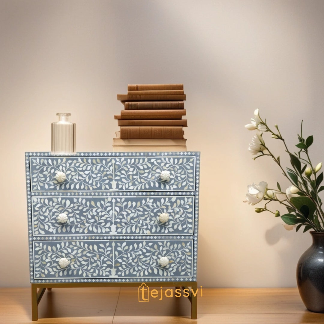 Bedside Table Patterned Bone Inlay Bedside Wooden Modern Floral Pattern Bedside / Side Table ...