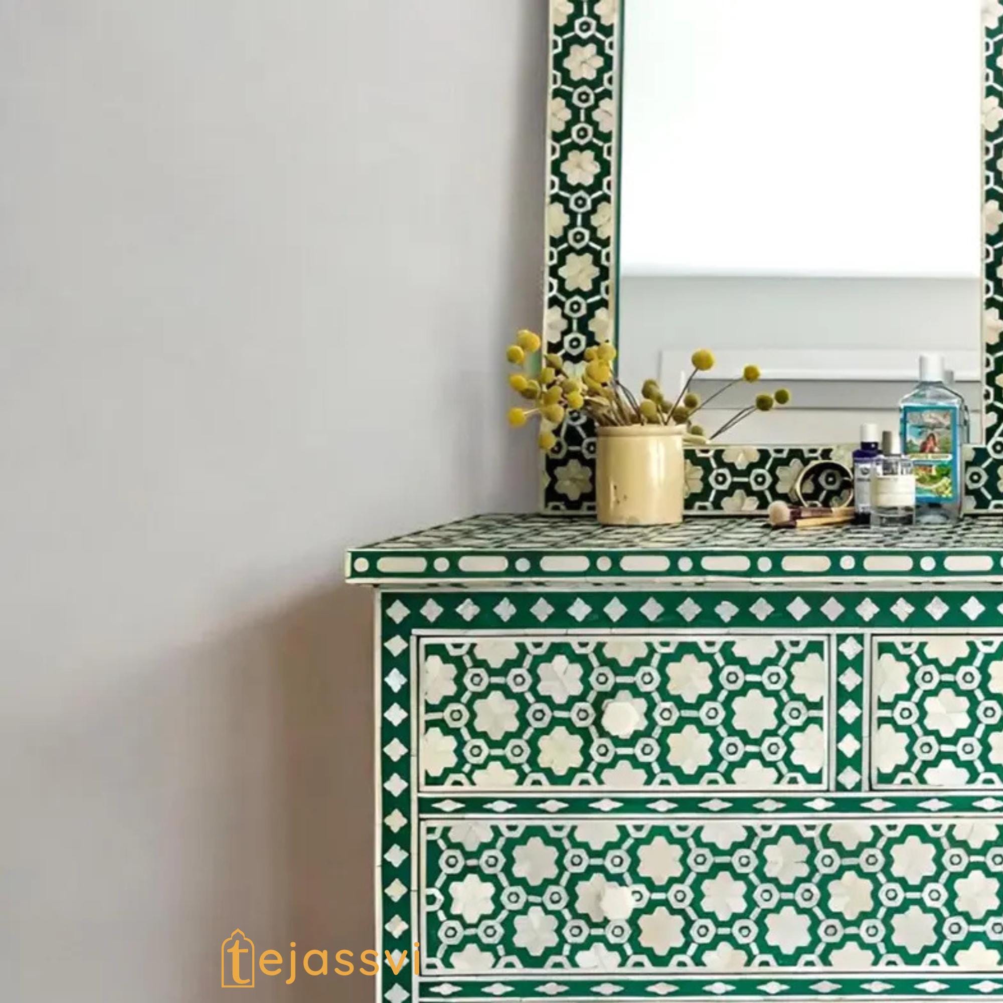 骨象嵌花柄チェスト 4 段 / 引き出し 4 個付きドレッサー / 木製骨象嵌