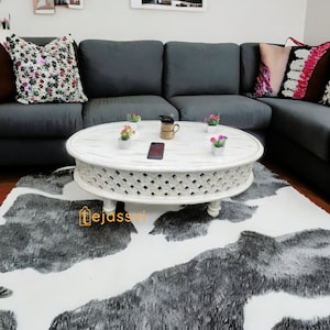 Handmade white Wooden Coffee Table | Oval Round Carved Center Table Cocktail Table/ Tribal Carved Wood Coffee Table/ Home Decor Indian Art.