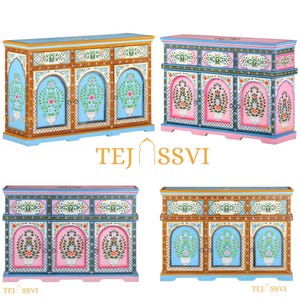 May include: Four hand-painted wooden cabinets with floral designs. Each cabinet features a light blue, pink, or brown base, with intricate floral patterns and the text "TEJ SSVI". The cabinets have drawers and arched door panels.