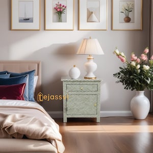 Aparador de madera con incrustaciones de hueso hecho a mano con diseño floral, mesita de noche con incrustaciones de hueso, mesita de noche geométrica con 1 cajón y 1 puerta en color salvia, armario de almacenamiento, consola