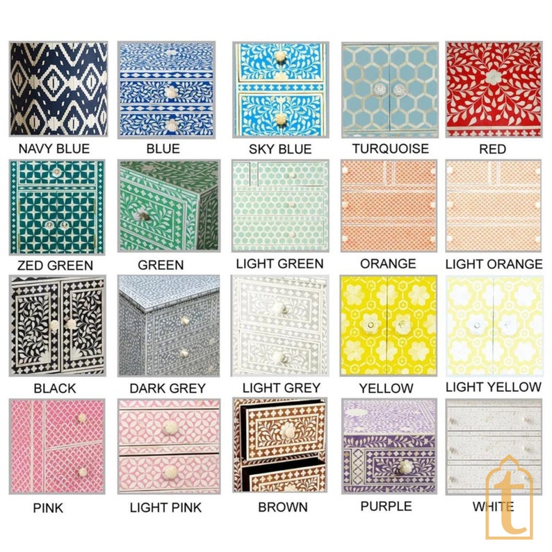 May include: A collection of small, decorative chests of drawers in various colors, including navy blue, blue, sky blue, turquoise, red, and more. Each chest features unique patterns and designs, with knobs and drawer pulls. The image showcases a variety of styles.