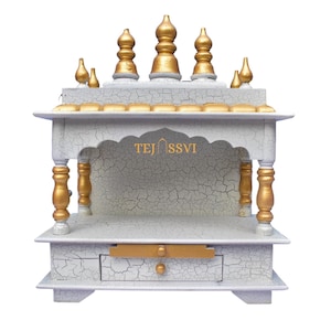 Weißer offener Holzstempel Pooja Mandir | Schöner Wandbehang Kleiner Holzstempel für Zuhause | Hölzerner Gebetsraum, Alter, Schrein, Pooja Ghar