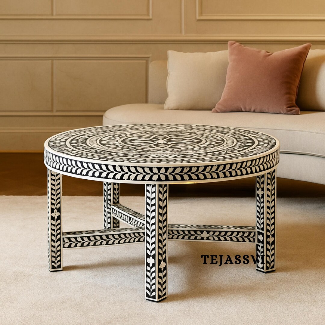 Bone Inlay Circular Table Bone Inlay Round Coffee Table / Centre Table / Bone Inlay Floral Design ...