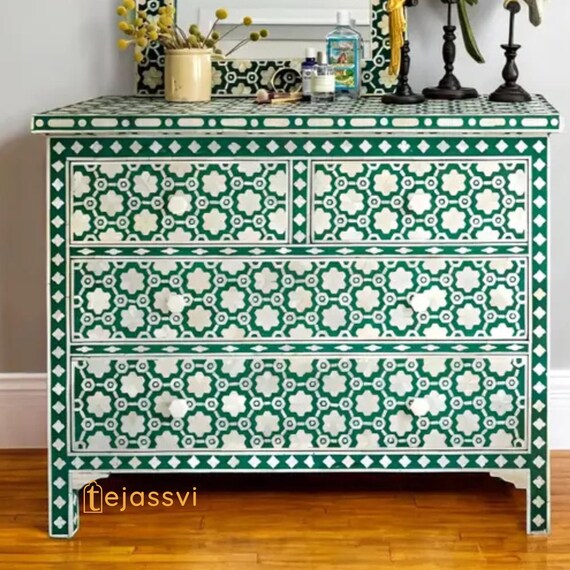 骨象嵌花柄チェスト 4 段 / 引き出し 4 個付きドレッサー / 木製骨象嵌