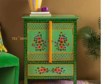 Armario/gabinete/mesita de noche, mesa auxiliar, pintado a mano, gran armario de madera, mueble de sala de estar, pintura fina, con diseño floral verde.