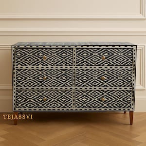 Wooden Dark Blue Bone inlay Diamond pattern 6 chest of drawers/Inlay 6 Drawer Dresser/Bone inlay Floral Pattern 6 Drawers/Chest of Drawers.