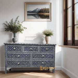 Bone Inlay  Floral Pattern Chest of 6 Drawer, 6 Drawer Dresser, wooden Bone Inlay Chest of Drawers, MOP Bone Inlay Furniture Sideboard Unit.