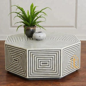 Mesa de centro hexagonal con incrustaciones de hueso de madera, mesa de centro con incrustaciones, mesa de cóctel, mesa de centro, mesa de centro moderna con incrustaciones de hueso