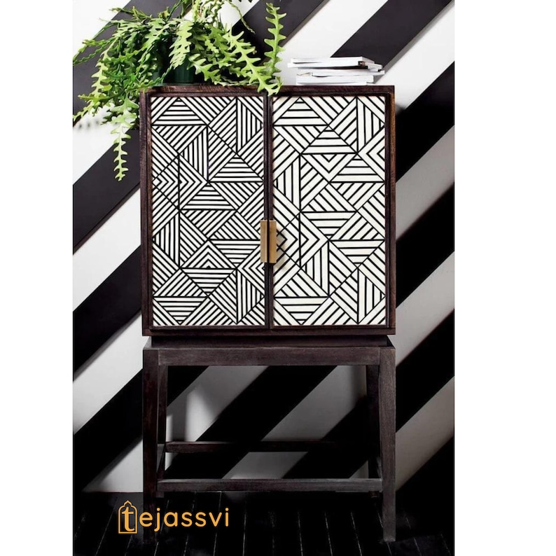 Handmade Bone Inlay Geometric Bar Storage Unit and Table Bone