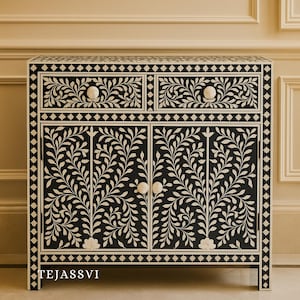 Bone Inlay Floral Design Entryway Cabinet Black | Bone Inlay 2 Drawer Cabinet,Inlay Chest of Drawers,Bone Inlay Dresser,Bone Inlay Sideboard