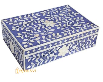 Handmade Bone Inlay Box Floral Design Light Indigo | Bone Inlay Makeup Box | Bone Inlay Modern Floral Pattern Jewelry Box Furniture,