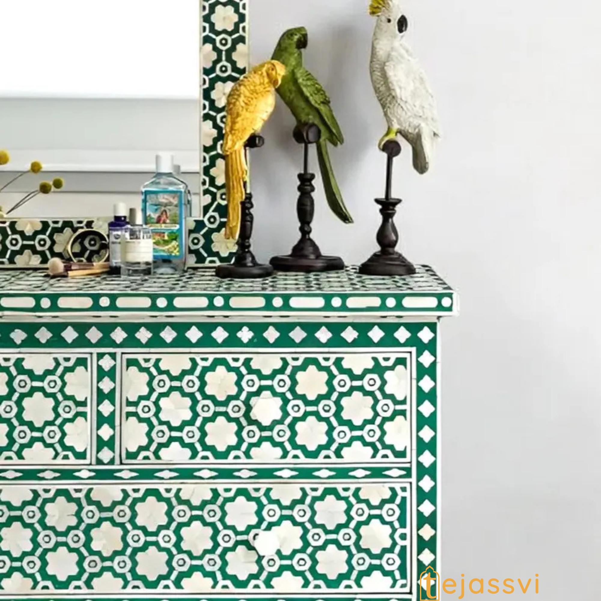 骨象嵌花柄チェスト 4 段 / 引き出し 4 個付きドレッサー / 木製骨象嵌