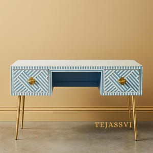 Bone inlay Work Desk | laptop table | console table, Bone Inlay Optical Design 2 Drawers Desk Sky Blue,  Optical Design Study wooden Table.