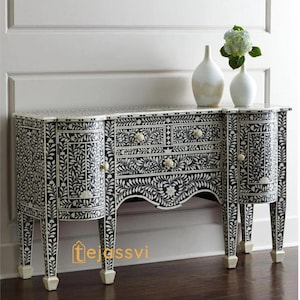 Handmade Bone inlay Sideboard table in Black Color | Bone Inlay Luxury Buffet table | Media Console & TV Unit, Storage floral  Cabinet .