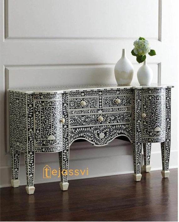 Handmade Bone Inlay Sideboard: Black Floral Buffet Table / Media Console / Bone Inlay Luxury Furniture / Bone Inlay Luxury Side Table.