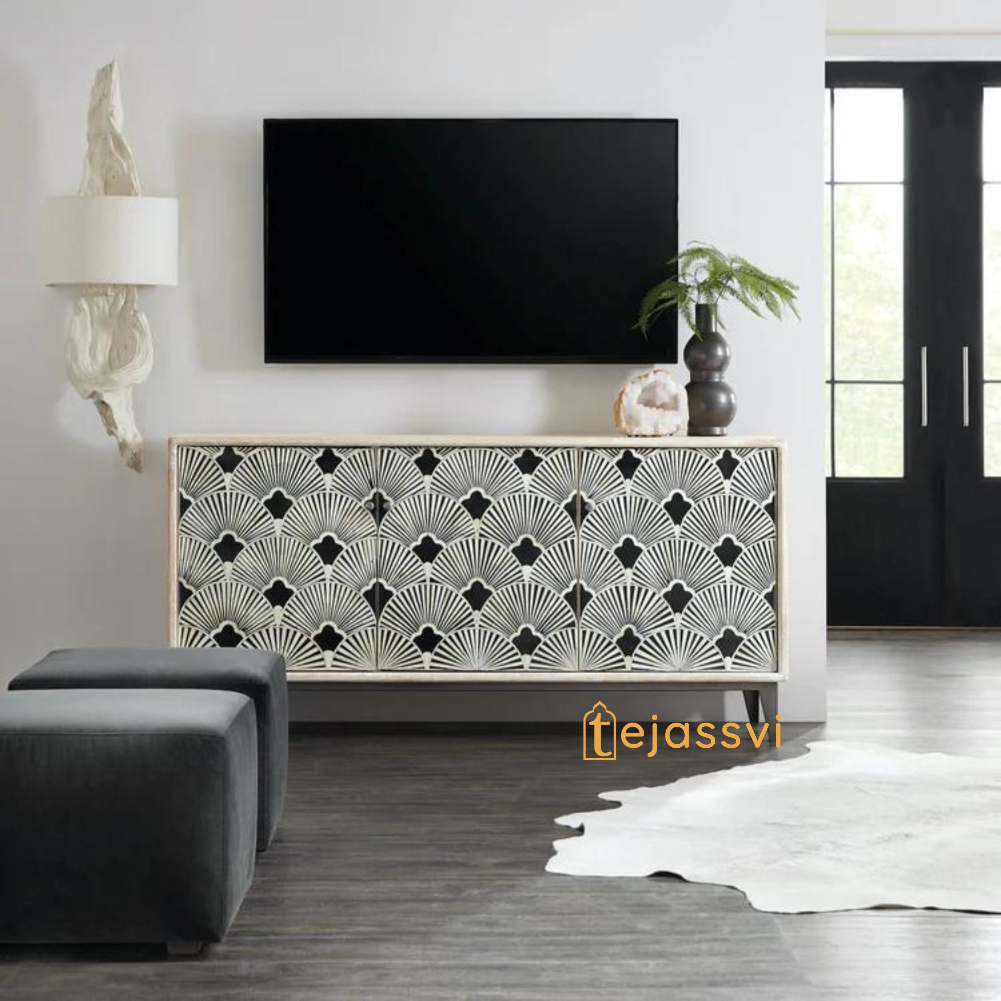 Handcrafted Bone Inlay Media Console: Optical Flower Design, White Finish