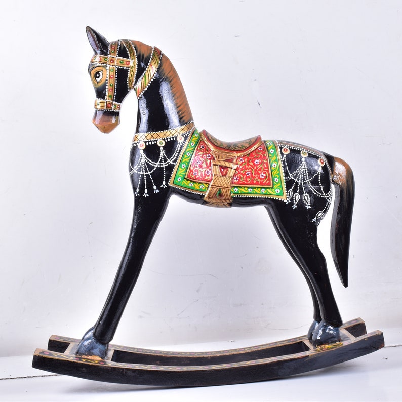Wooden Rocking Horse Statue Vintage Hand Painted Rocking Etsy