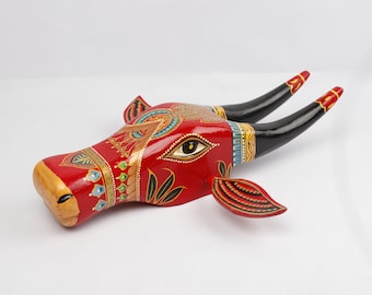 Wooden Painted Cow Head | Bull | Nandi Head Mask Wall Décor. Wooden Wall Hanging. Ethnic Indian Art.