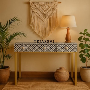 Handmade Bone Inlay Wooden Modern Console Table Furniture with 3 Drawer With Metal Legs.