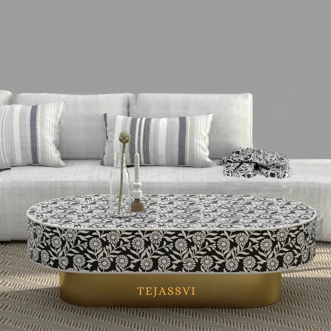 Bone Inlay Oval Coffee Table / Wooden Centre Table / MOP Inlay Floral ...