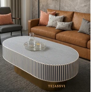 Wooden Oval Shape Coffee Table, Handmade Bone Inlay Oval Shape Coffee Table/ Floral  Centre Table, Bone Inlay Furniture Cocktail Table.