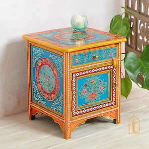 Wooden Indian Beautiful Drawer Side Table/Indian Chest Table/Hand Painted Furniture/ViratraArtDecor Cabinet/Bedside/Side Decor.