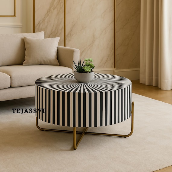 Bone Inlay Round Coffee Table / Centre Table / Bone Inlay Stripped Design Round Coffee Table / Handmade Bone Inlay Modern Pattern Furniture.