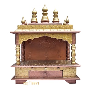 Indian Wooden Open Temple Pooja Mandir | Beautiful Wall Hanging Small Wooden Temple for Home | Wooden Prayer Room, Alter, Shrine, Pooja Ghar