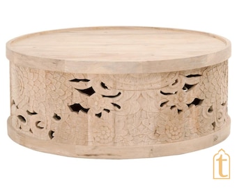 Wooden Crafted Artistic Carved Central Drum Table/Rustic Furniture Table/Indian Vintage Table/Beautiful Cocktail Table/Side Cutting Table.
