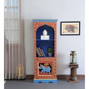 Indian Hand painted Solid Wooden BookShelf In Red Color Book self with Storage Cabinet/Indian Hand Painted Wooden Side Boards/wooden Cabinet
