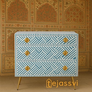 Bone Inlay Chest of 3 Drawers stripe Blue with Brass Legs, Bone Inlay Dresser, Bone Inlay Sideboard, Bone Inlay Furniture, Optical Cabinet.