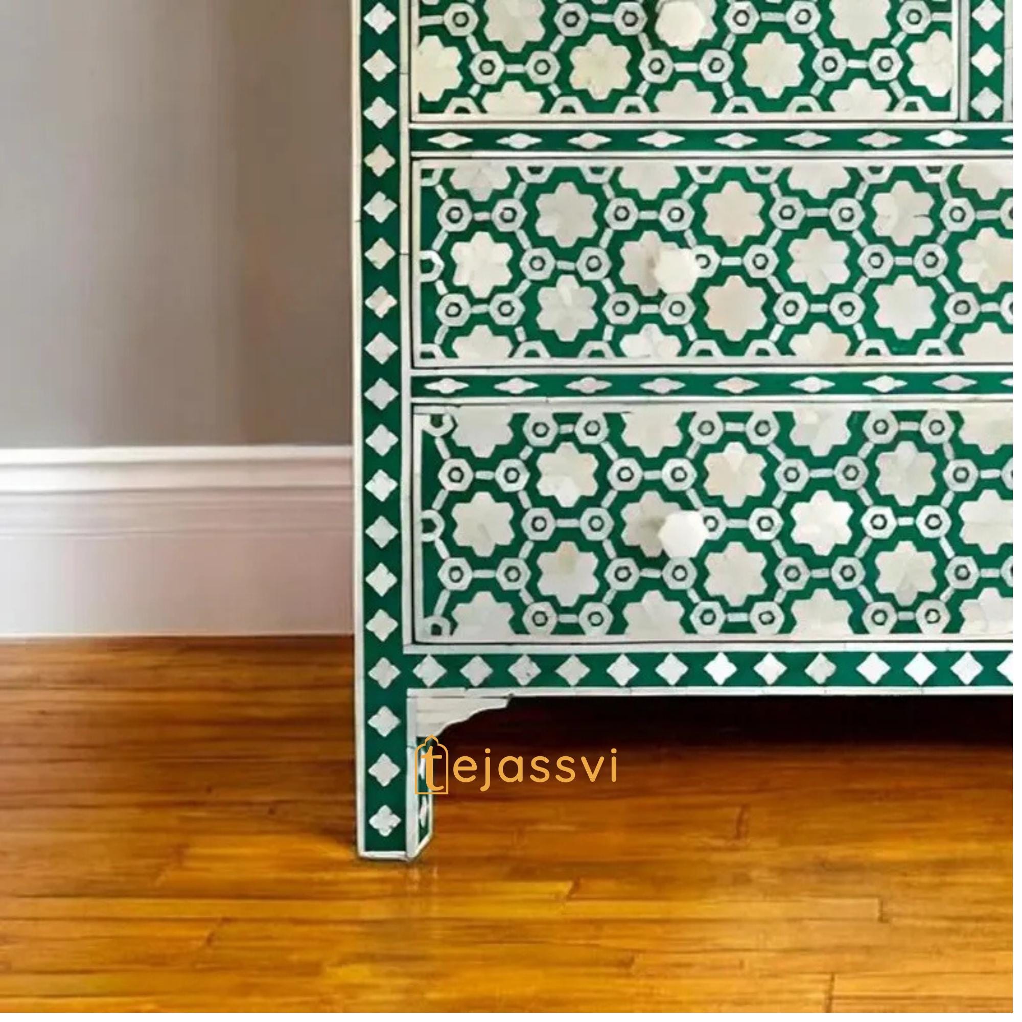 骨象嵌花柄チェスト 4 段 / 引き出し 4 個付きドレッサー / 木製骨象嵌