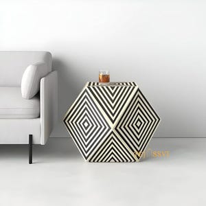 Hexagon Design Nightstand, Stripped Pattern Bone Inlay Sofa Table, Modern Diamond Coffee Table, Bone Side Table – Handmade Accent Furniture.