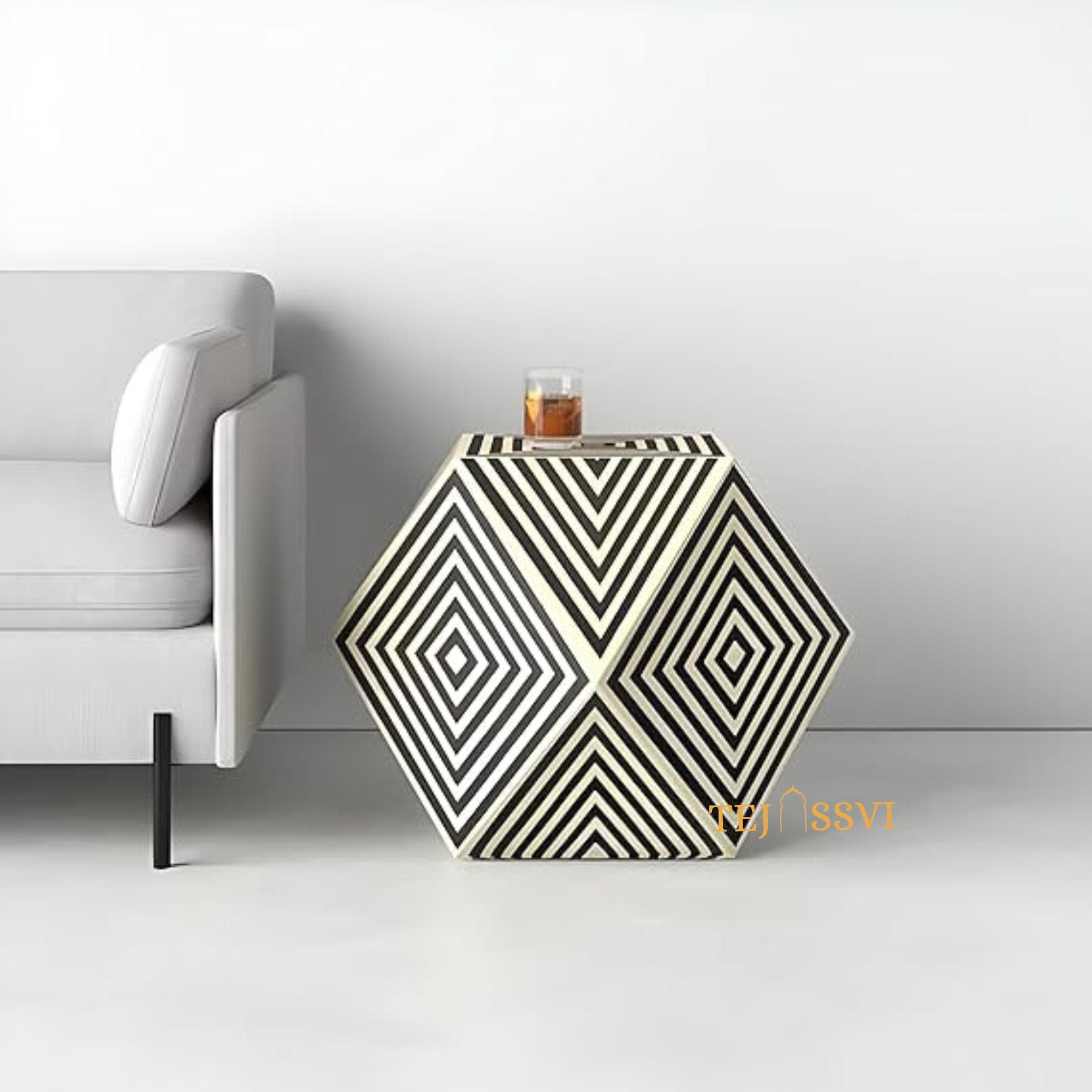 Hexagon Design Nightstand / Stripped Pattern Bone Inlay Sofa Table ...