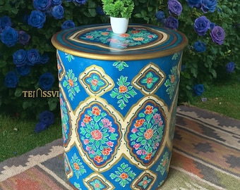Hand-Painted Blue Wooden Table Colorful Side Table | Unique Wood Coffee and Tea Table/Wooden Table | Hand Painted | Living room | Side Table